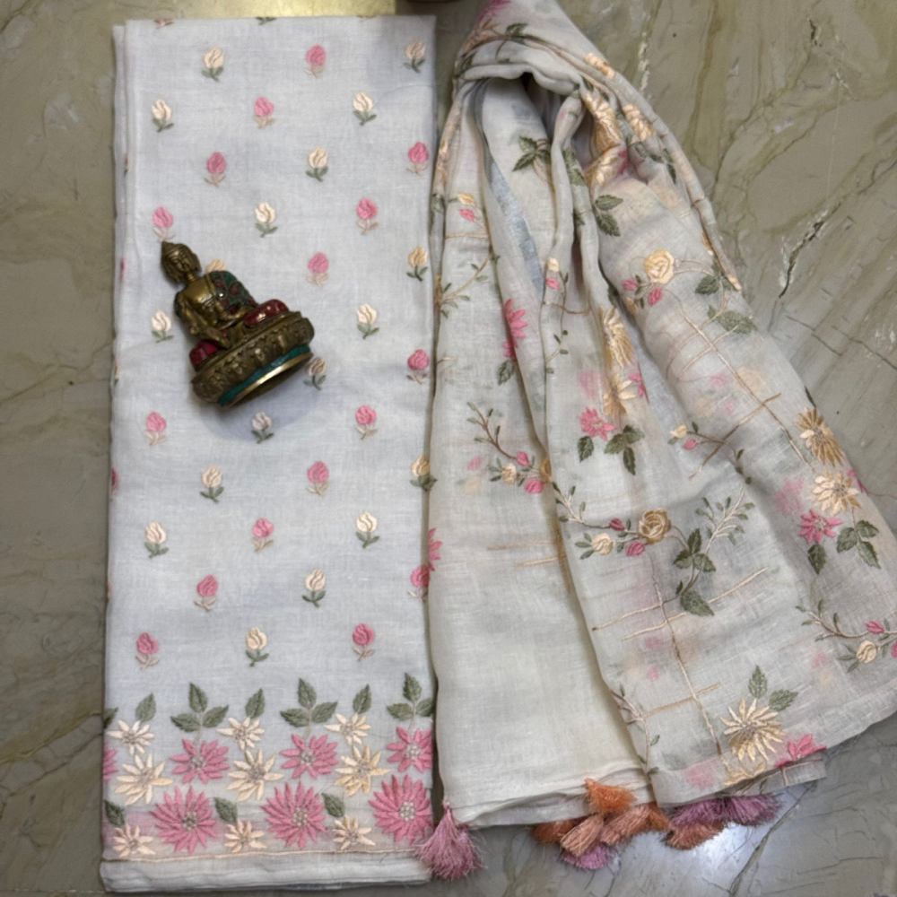Linen Embroidered Kurta with Cotton Silk Bottom & Embroidered Linen Dupatta