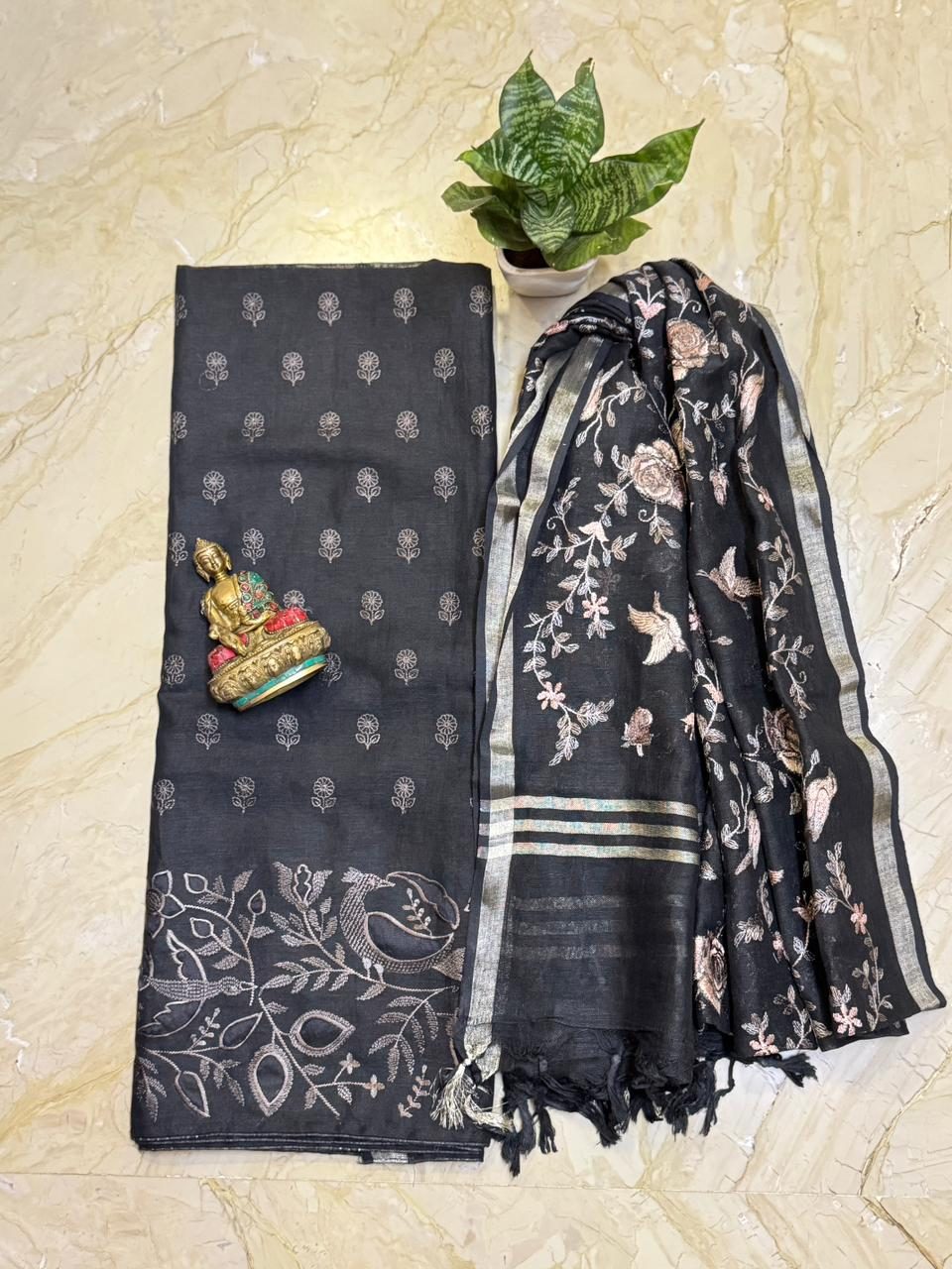 Pure Linen Embroidered Kurta with Cotton Silk Bottom & Embroidered Linen Dupatta