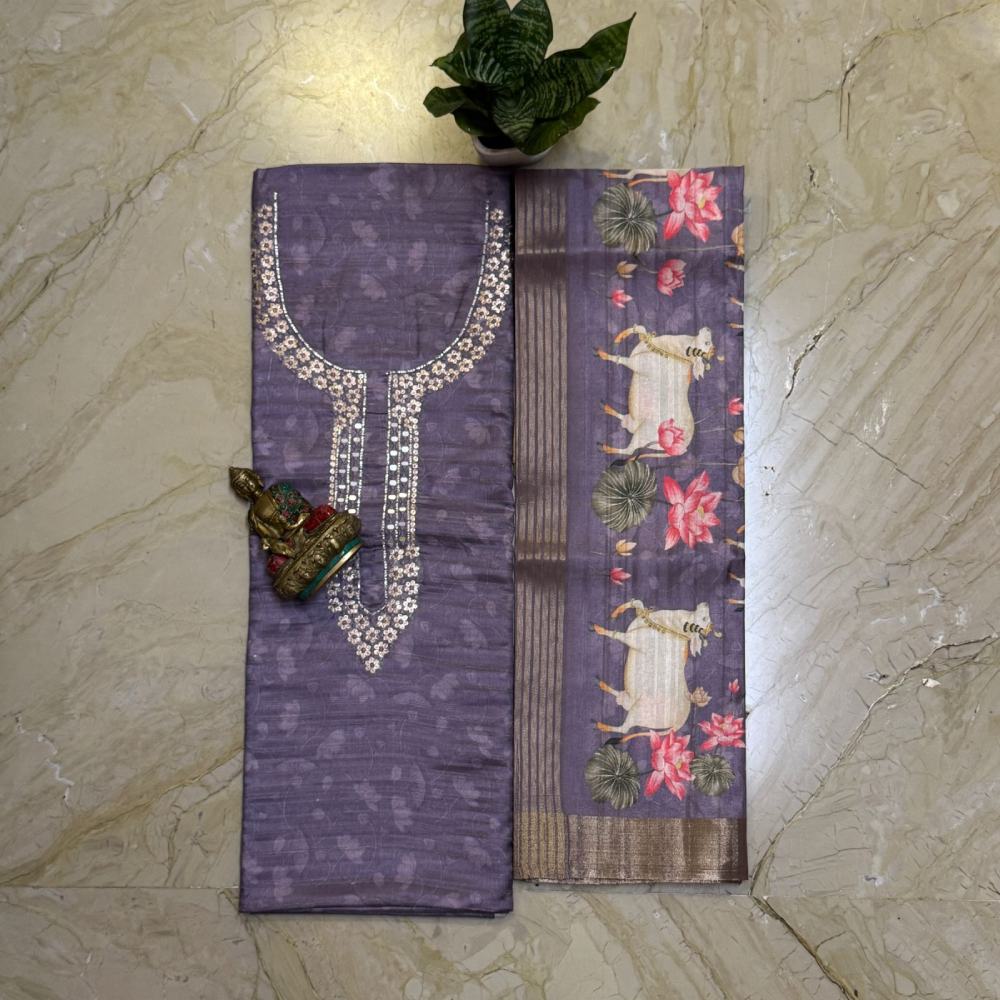 Semi Tussar Silk Kurta with Kalamkari Digital Print Dupatta & Cotton Silk Bottom