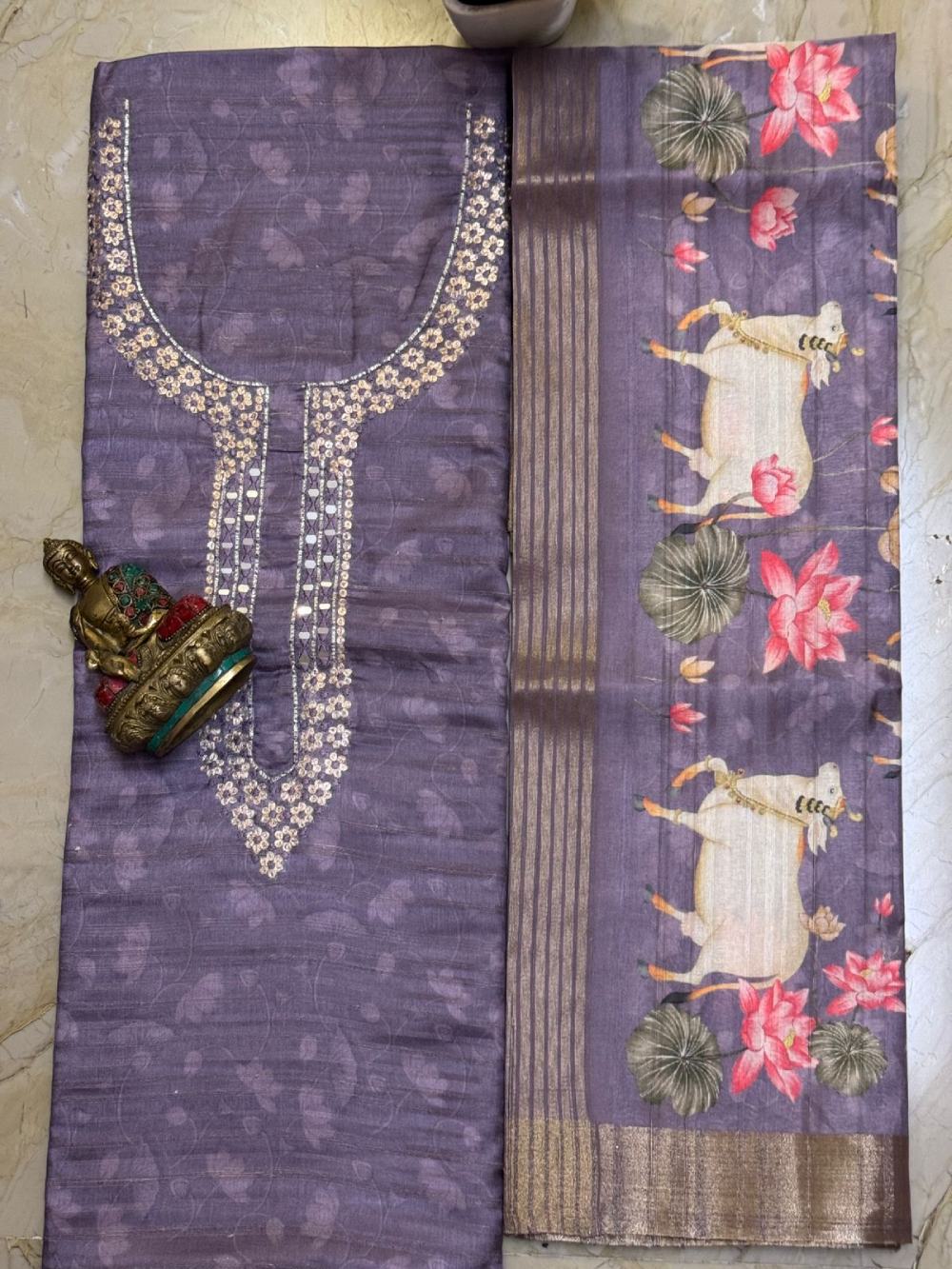 Semi Tussar Silk Kurta with Kalamkari Digital Print Dupatta & Cotton Silk Bottom