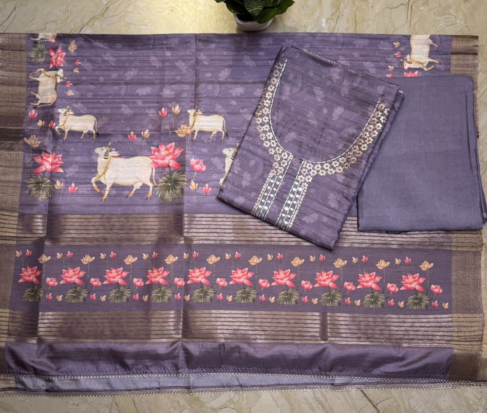 Semi Tussar Silk Kurta with Kalamkari Digital Print Dupatta & Cotton Silk Bottom