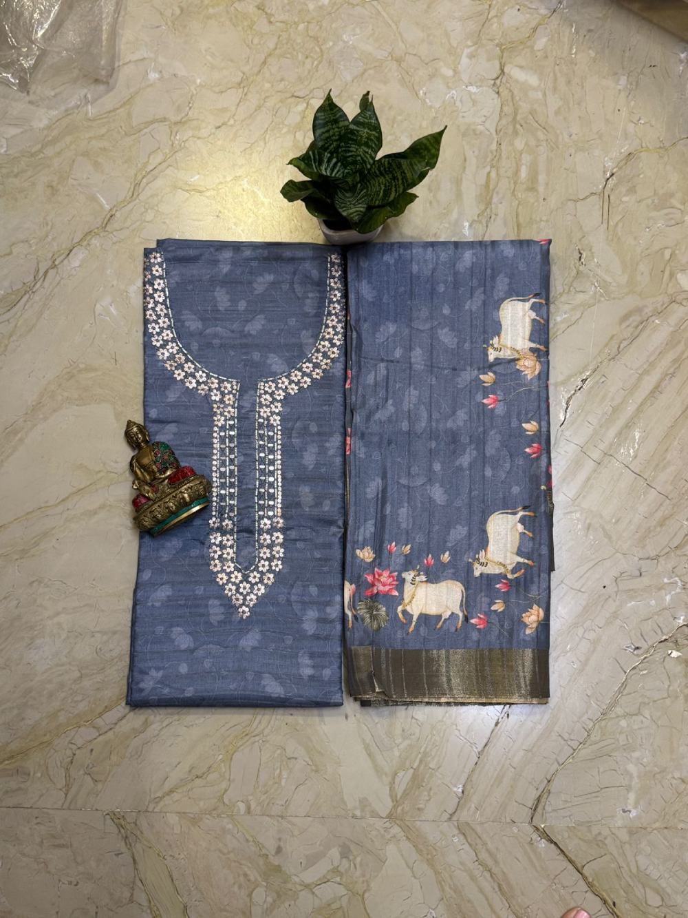 Semi tussar silk kurta with Kalamkari digital print dupatta and cotton silk bottom