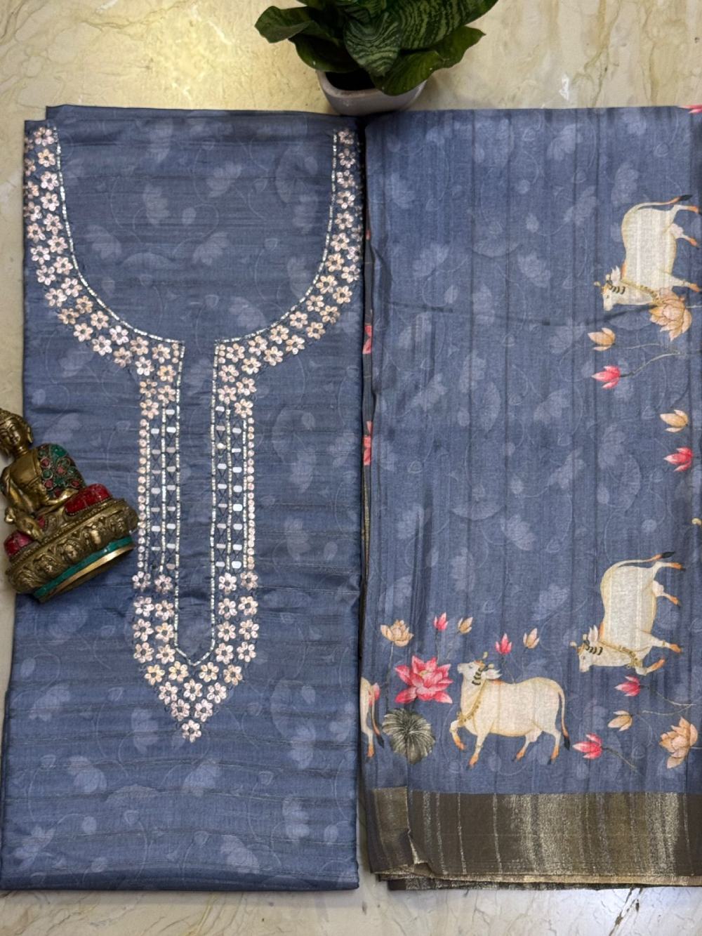 Semi tussar silk kurta with Kalamkari digital print dupatta and cotton silk bottom