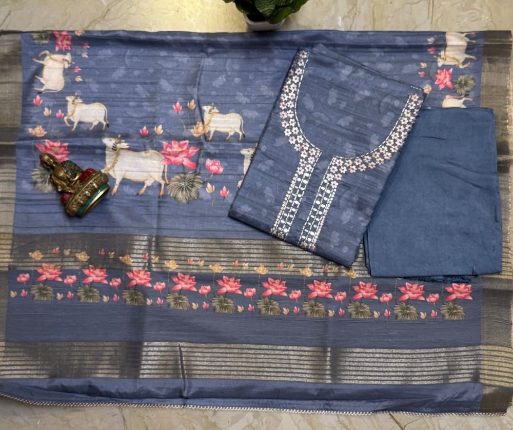 Semi tussar silk kurta with Kalamkari digital print dupatta and cotton silk bottom