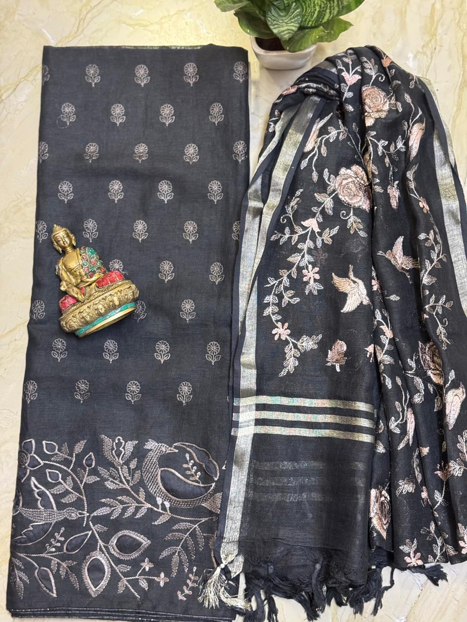 Pure Linen Embroidered Kurta with Cotton Silk Bottom & Embroidered Linen Dupatta