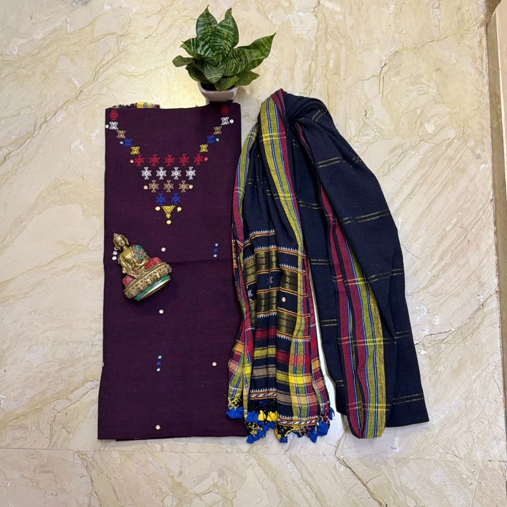 Bhujodi Handloom Kala Cotton Kurta & Dupatta with Colorful Handmade Tassels