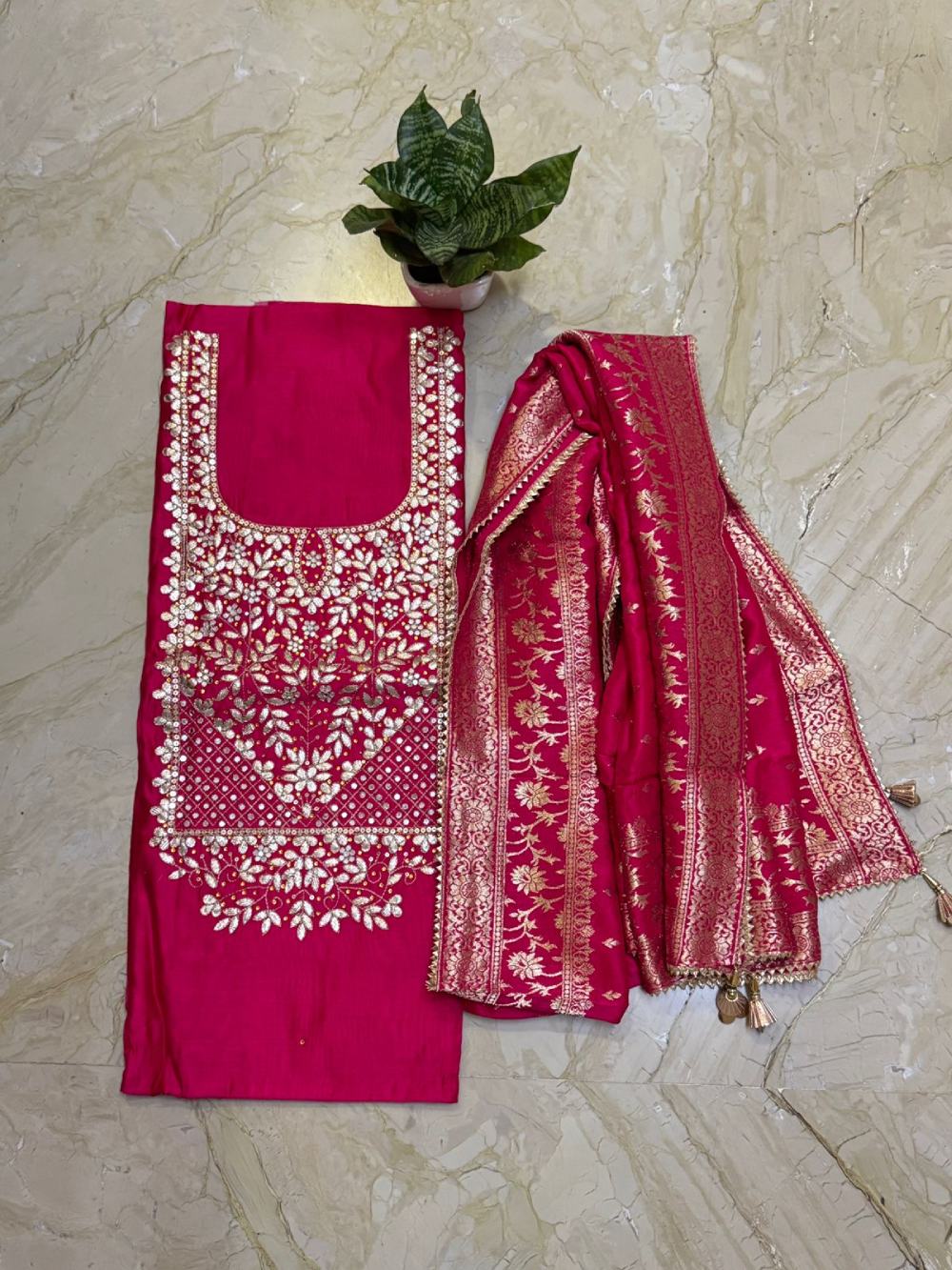 Fuchsia Pink Chanderi Embroidered Kurta with Gota Patti & Mirror Work, Banarasi Silk Dupatta & Shantoon Bottom