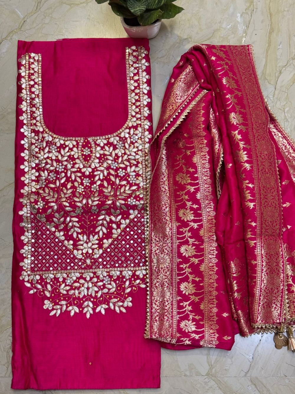 Fuchsia Pink Chanderi Embroidered Kurta with Gota Patti & Mirror Work, Banarasi Silk Dupatta & Shantoon Bottom