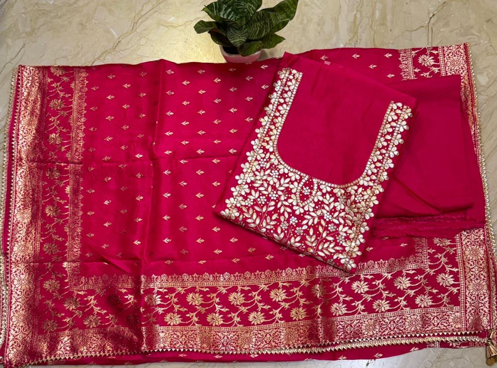 Fuchsia Pink Chanderi Embroidered Kurta with Gota Patti & Mirror Work, Banarasi Silk Dupatta & Shantoon Bottom