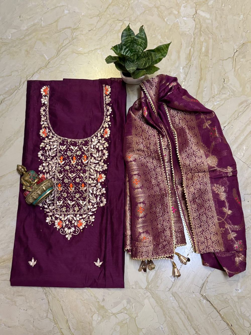Embroidered Chanderi Kurta with Gota Patti Work, Banarasi Silk Dupatta, Shantoon Bottom & Potli