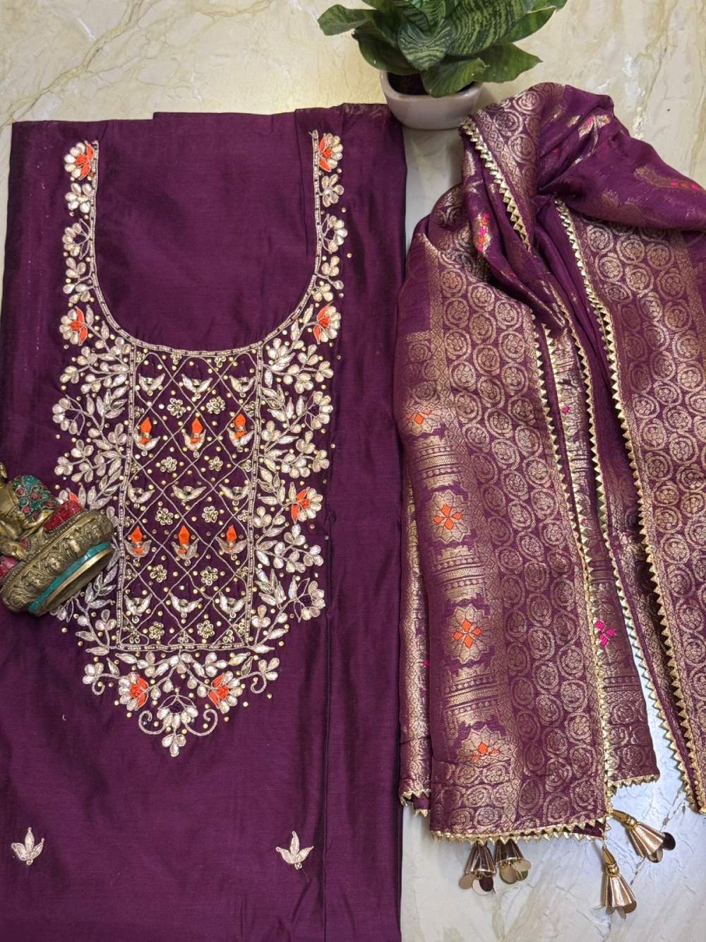 Embroidered Chanderi Kurta with Gota Patti Work, Banarasi Silk Dupatta, Shantoon Bottom & Potli