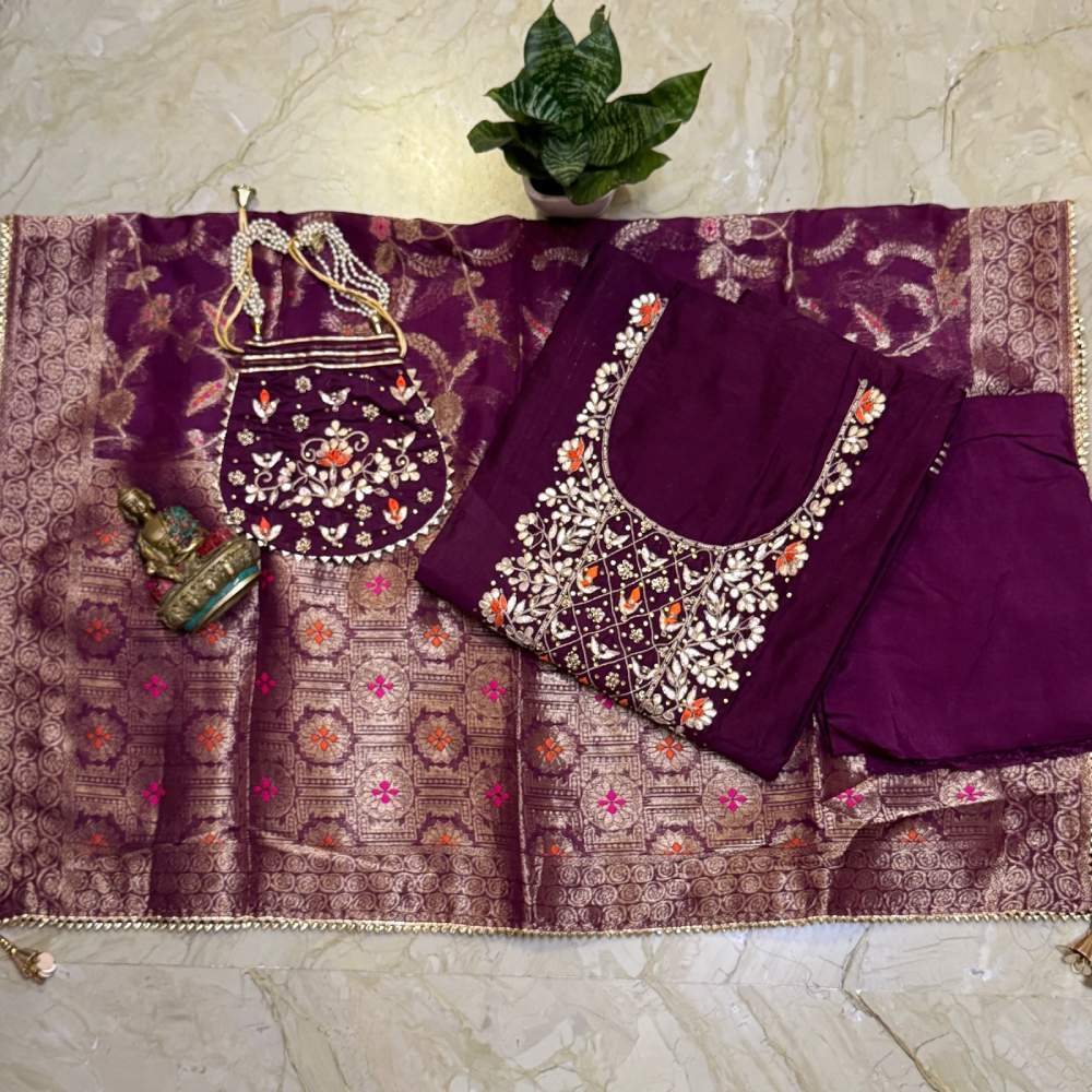 Embroidered Chanderi Kurta with Gota Patti Work, Banarasi Silk Dupatta, Shantoon Bottom & Potli