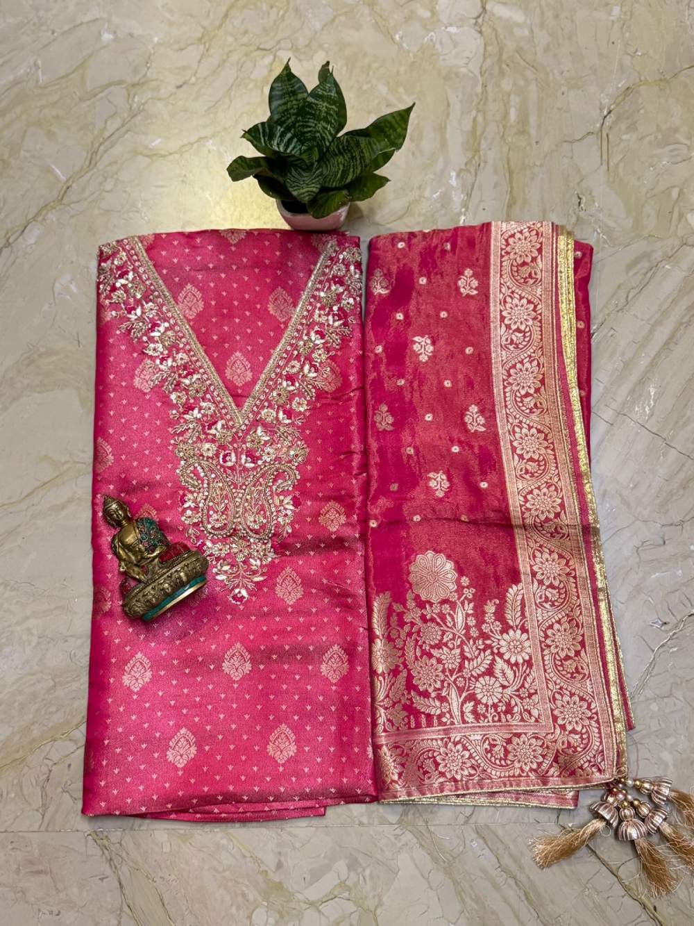 Shimmer Banarasi Kurta with Zardosi, Pearl & Sequin Work, Banarasi Silk Dupatta & Shantoon Bottom
