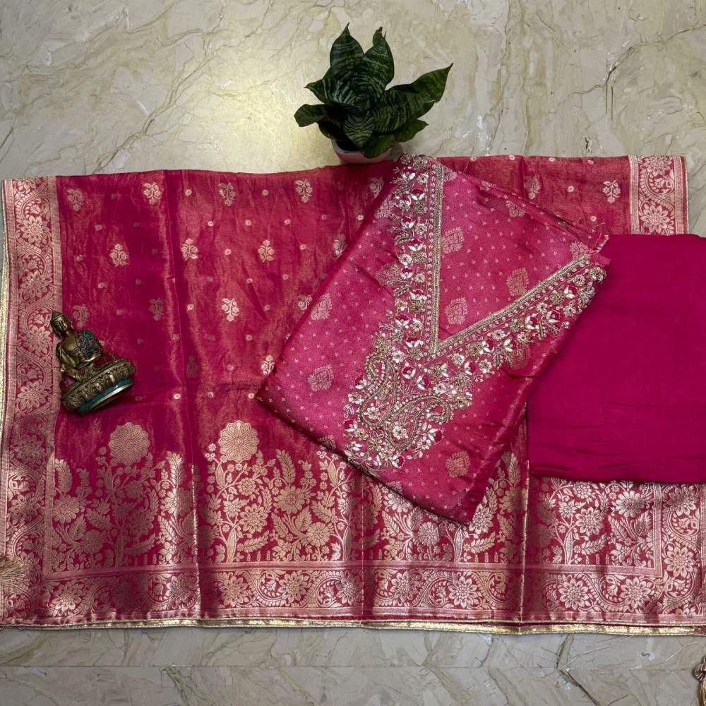Shimmer Banarasi Kurta with Zardosi, Pearl & Sequin Work, Banarasi Silk Dupatta & Shantoon Bottom