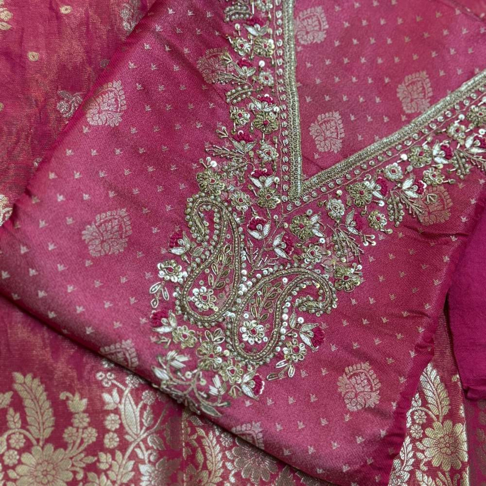 Shimmer Banarasi Kurta with Zardosi, Pearl & Sequin Work, Banarasi Silk Dupatta & Shantoon Bottom
