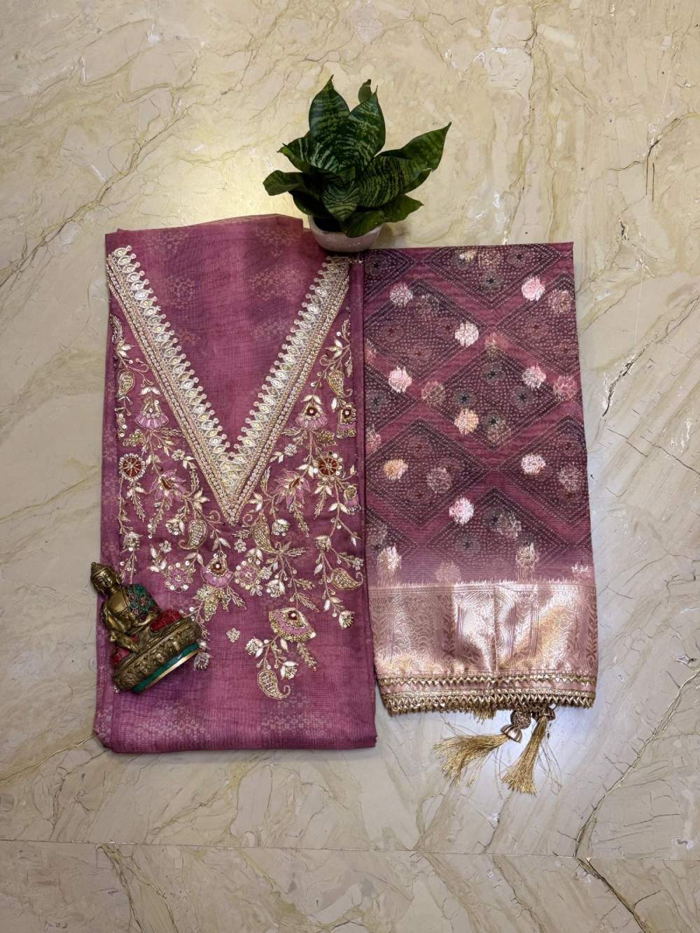 Printed Organza Kurta with Zardosi, Sequin & Pearl Work, Organza Dupatta & Shantoon Bottom
