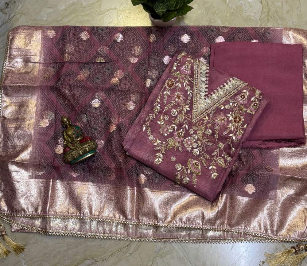 Printed Organza Kurta with Zardosi, Sequin & Pearl Work, Organza Dupatta & Shantoon Bottom