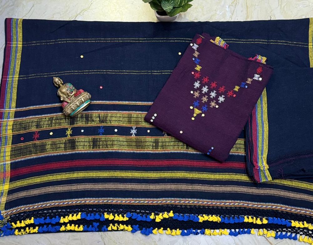 Bhujodi Handloom Kala Cotton Kurta & Dupatta with Colorful Handmade Tassels