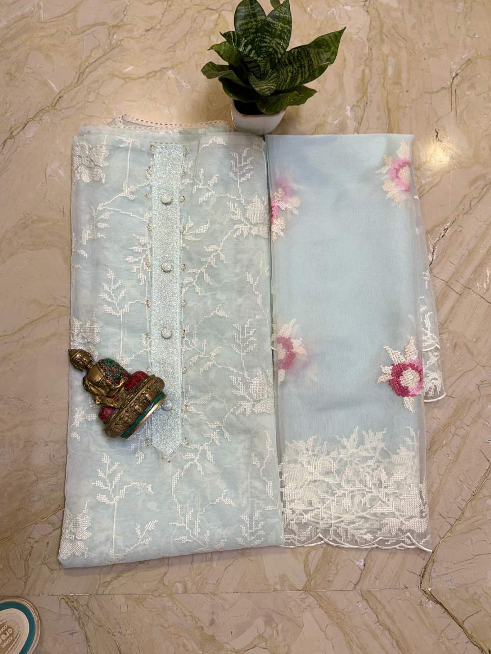 Soft organza kurta with fine embroidery soft organza dupatta with cross stitch embroidery n santoon bottom