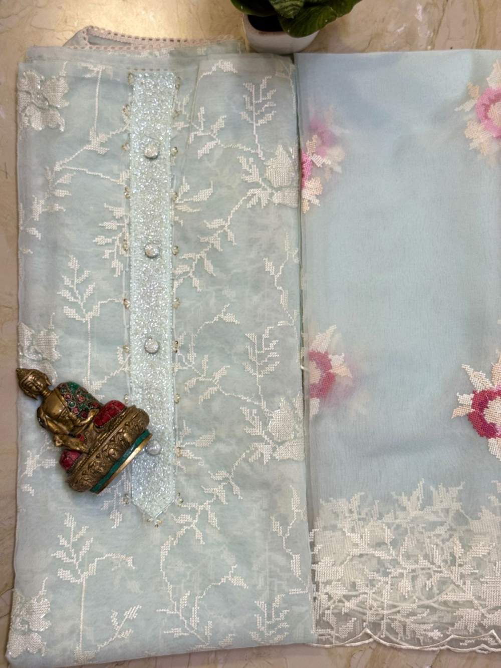 Soft organza kurta with fine embroidery soft organza dupatta with cross stitch embroidery n santoon bottom