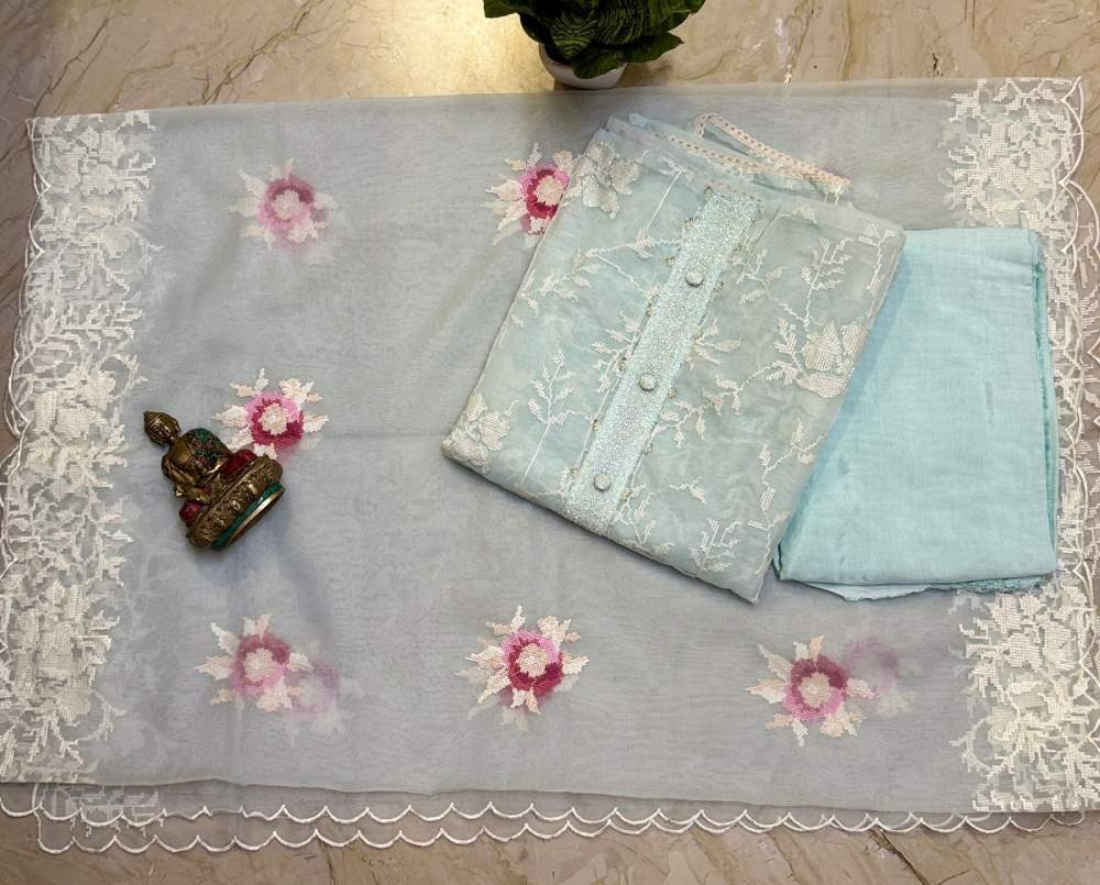 Soft organza kurta with fine embroidery soft organza dupatta with cross stitch embroidery n santoon bottom