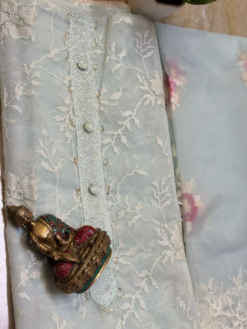 Soft organza kurta with fine embroidery soft organza dupatta with cross stitch embroidery n santoon bottom