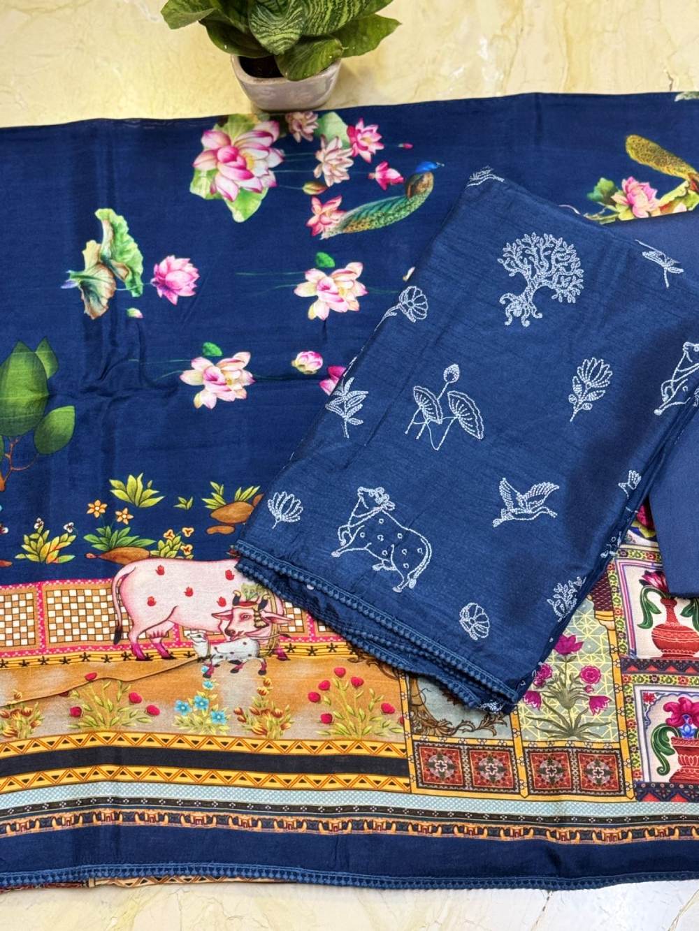 Very beautiful Dola silk kurta with fine pichwai embroidery ,pichwai dupatta n santoon bottom