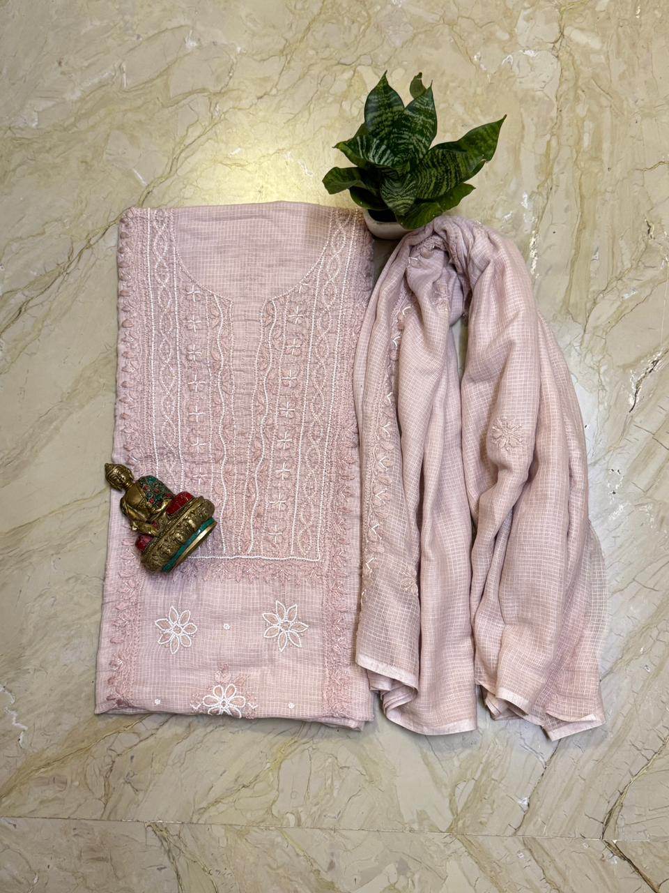 Soft Kota doriya cotton kurta n dupatta  with Chikankari cutdana n pearl work