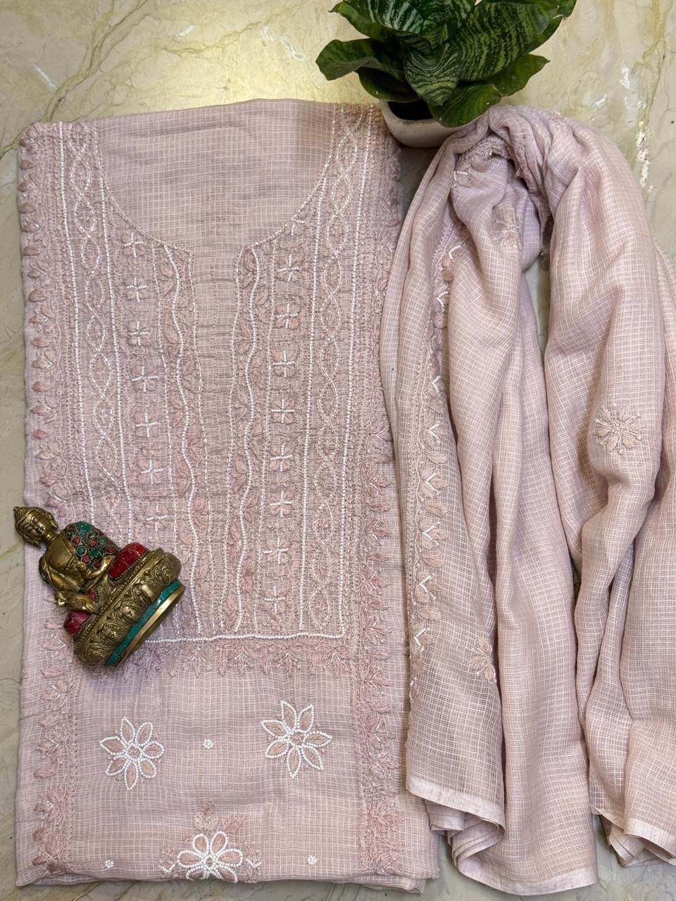 Soft Kota doriya cotton kurta n dupatta  with Chikankari cutdana n pearl work