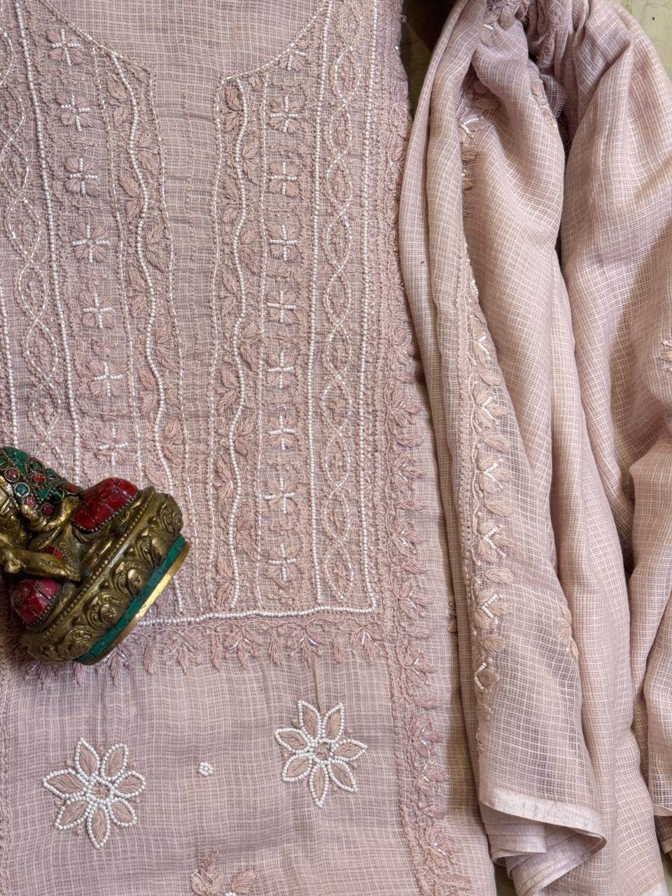 Soft Kota doriya cotton kurta n dupatta  with Chikankari cutdana n pearl work