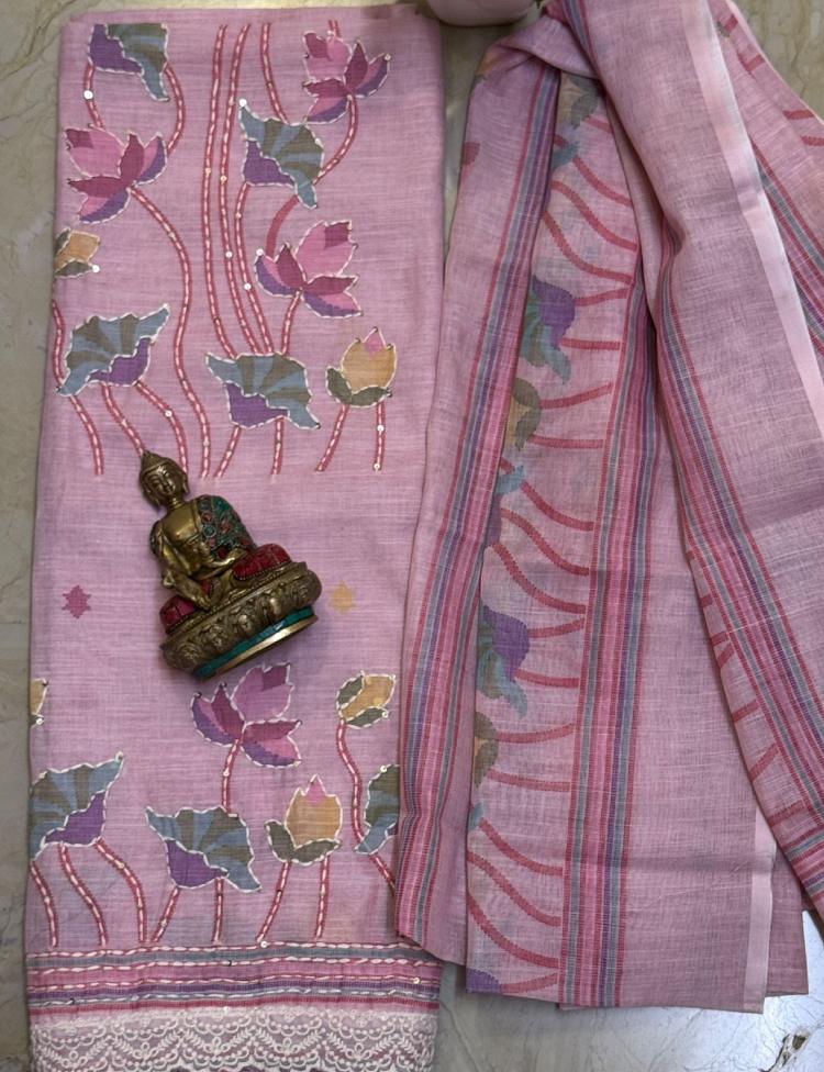 Linen cotton top digital print with Kantha embroidery outline