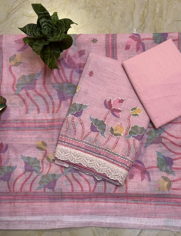 Linen cotton top digital print with Kantha embroidery outline